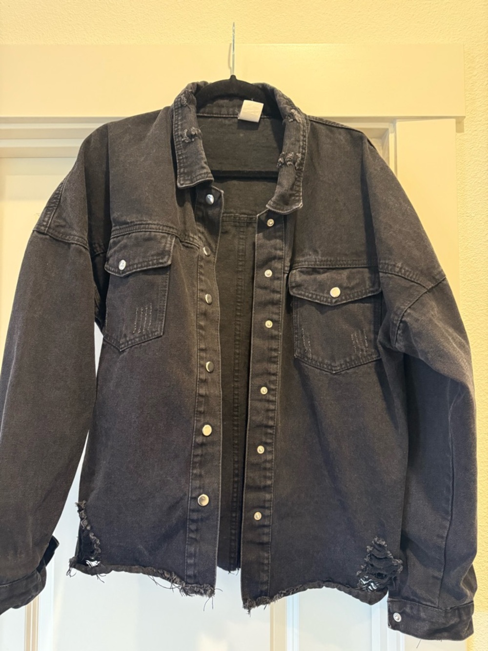 Black Distressed Denim Jacket - Collared Snap Front